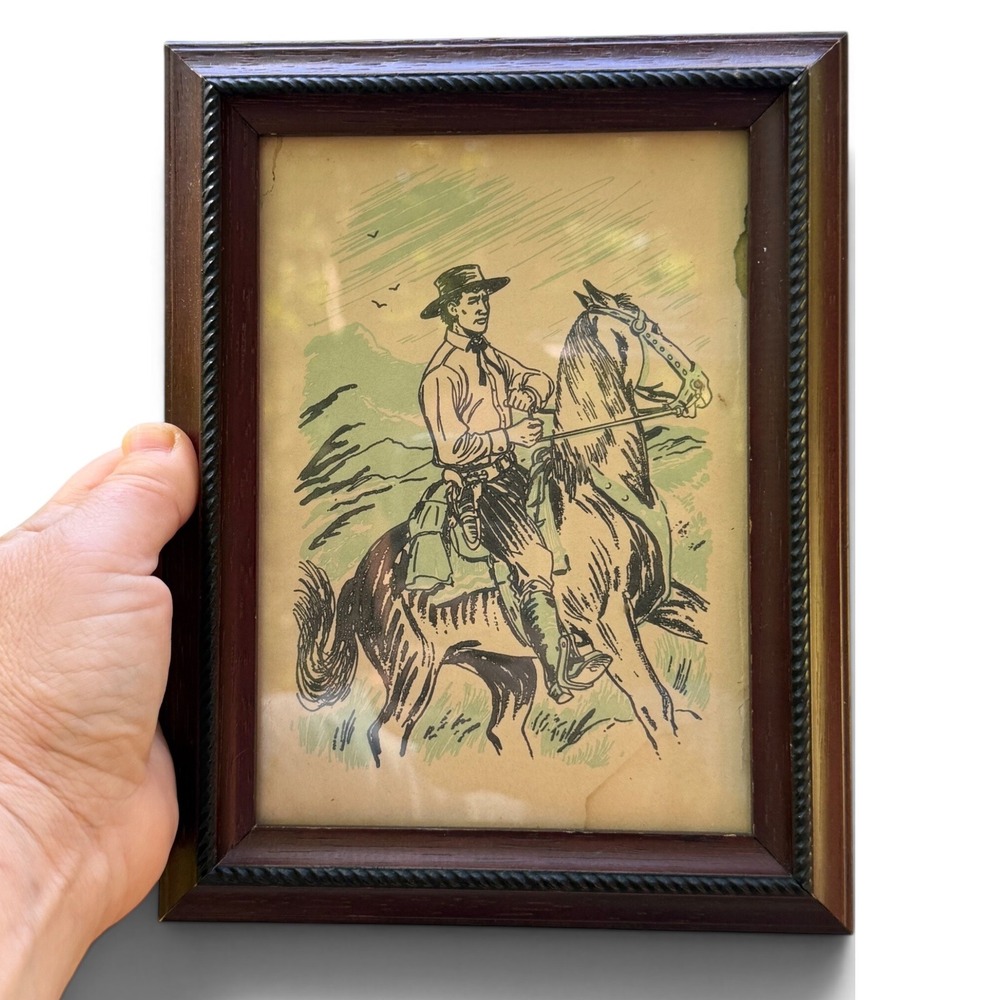 Vintage 1960s Youth Book Page Illustration Framed Cowboy Horse Rope Frame